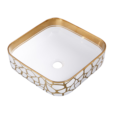 15 x 15 x 5 Pebbled Gold/White Square Vessel Porcelain Sink